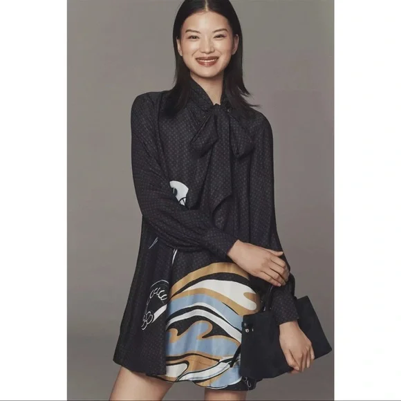 Maeve Black Swing Dress with Blue and Tan Swirl Hem - Picture 1 of 4